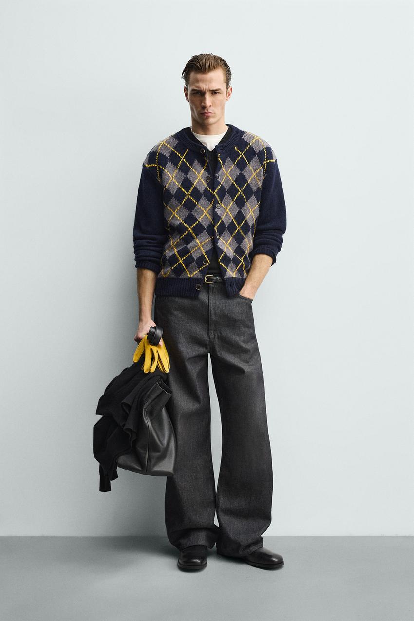 100% WOOL DIAMOND PATTERN CARDIGAN - Blue | ZARA United States