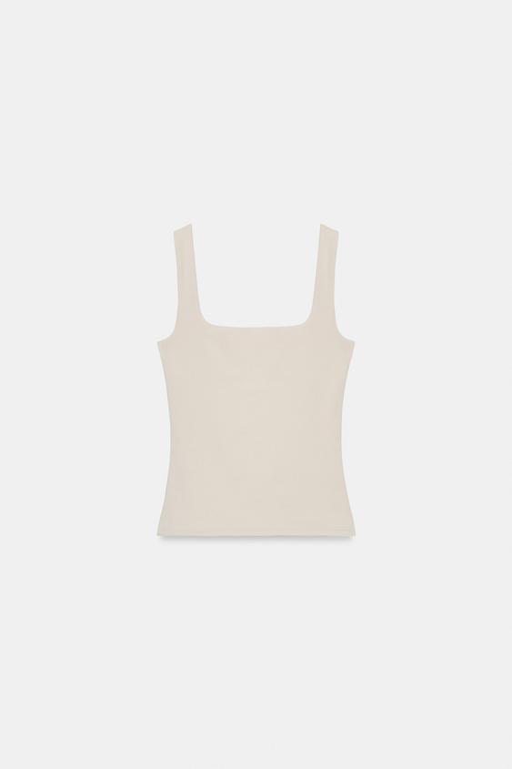 SQUARE NECKLINE T-SHIRT - Cream by Zara - Image 0