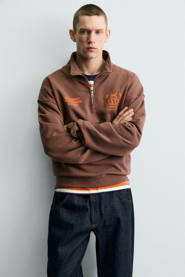CONTRAST TEXT QUARTER-ZIP SWEATSHIRT - Brown by Zara - Image 4