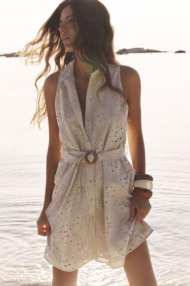EMBROIDERED CUTWORK SMOCK DRESS - Beige by Zara