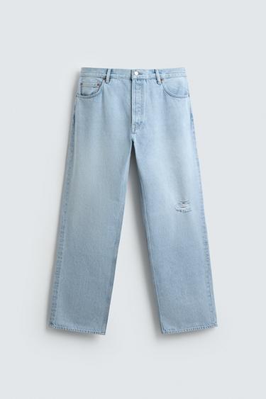 Zara RIPPED STRAIGHT FIT JEANS - Light blue