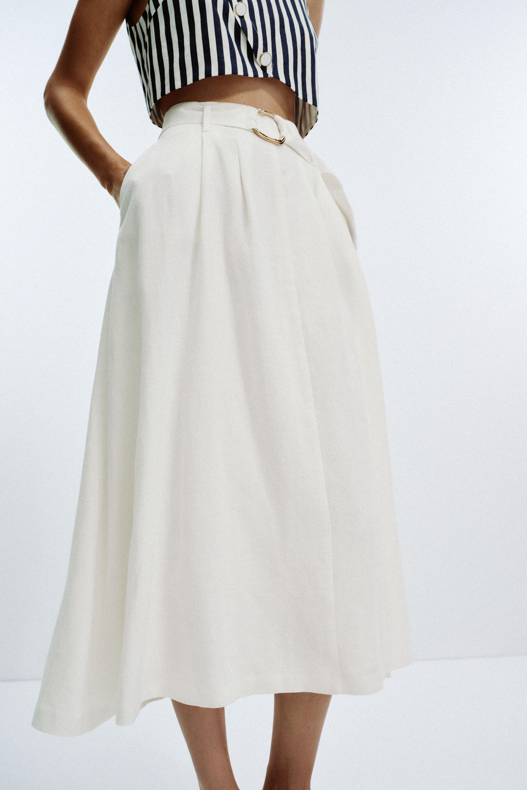 Light Blue Linen Linen Blend Long Skirt Linen BELTED LINEN BLEND