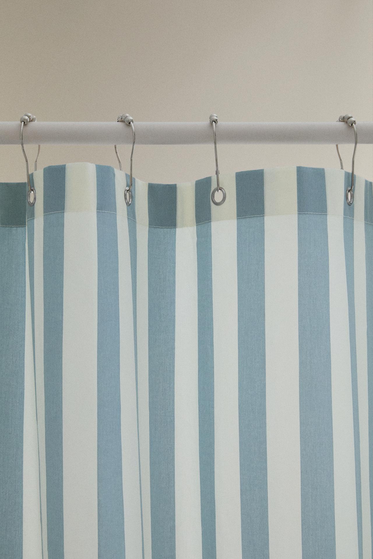 STRIPED SHOWER CURTAIN — Ecru / Blue