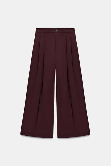 CALÇA COM PREGAS E PASSANTE NAS COSTAS - Bordô da Zara - Imagem 0