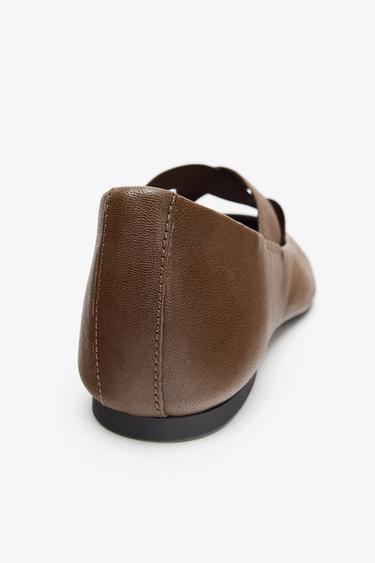 LEATHER BALLERINA SHOES WITH ELASTICATED CROSSOVER STRAPS - Chocolate Brown by Zara - Image 4