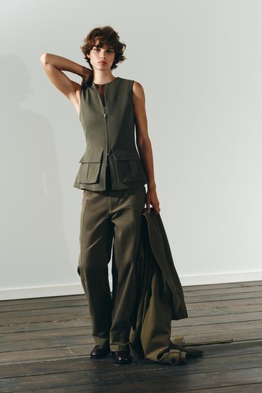 STRETCH COTTON TOP WITH POCKETS - Dark khaki by Zara