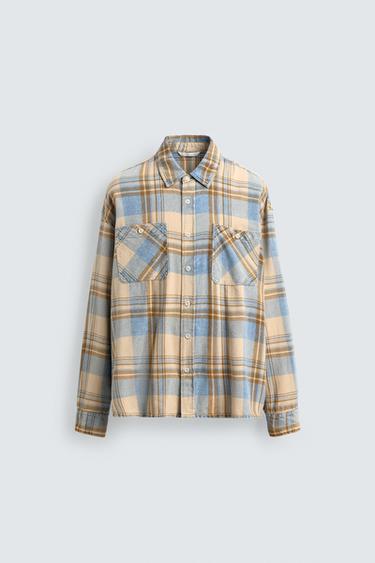 RELAXED FIT CHECK SHIRT - Beige / Navy by Zara