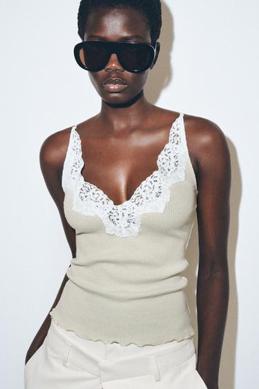 TOP RIB ENCAJE - Khaki claro de Zara