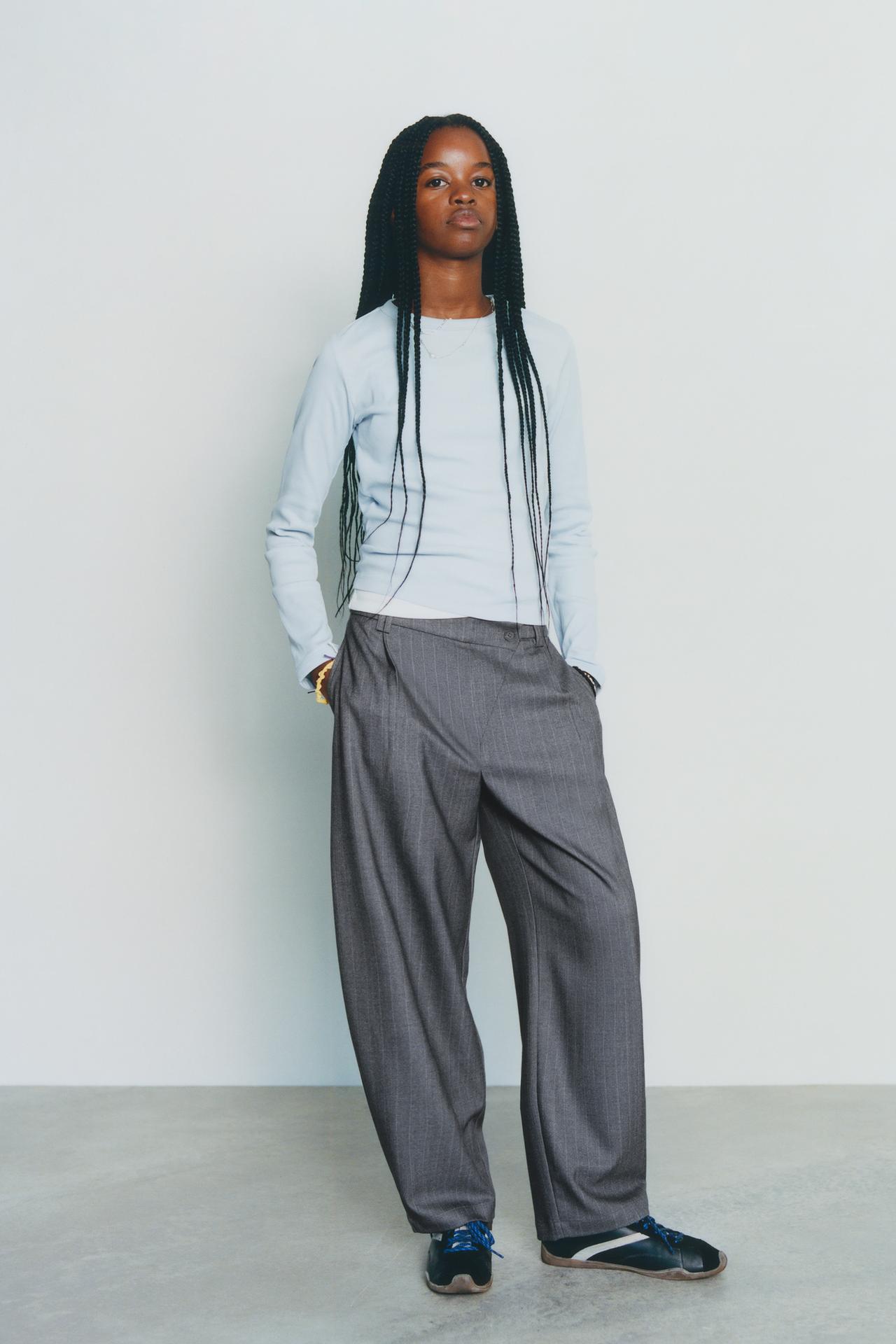 WRAP WAIST BARREL TAILORED PANTS — Gray