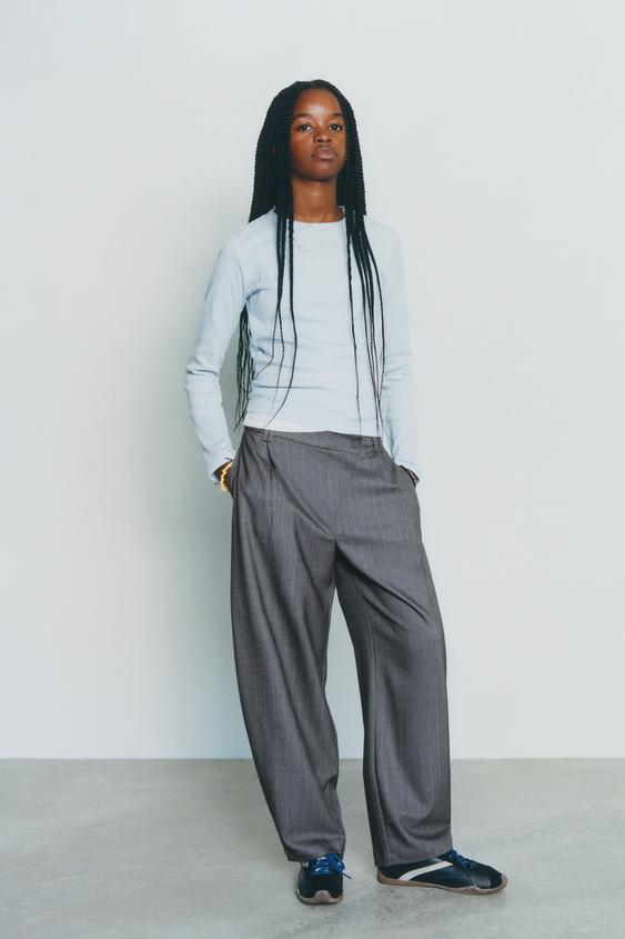 Zara CROSSOVER WAIST TAILORED BARREL PANTS - Gray - Image 0