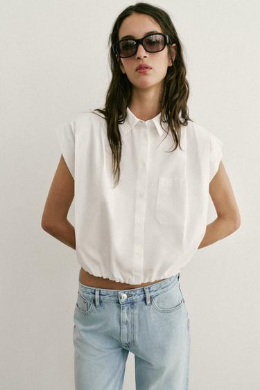 CAMISA CORTA GLOBO - Blanco de Zara