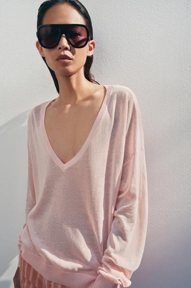 Zara FINE KNIT V-NECK JUMPER - Pastel pink