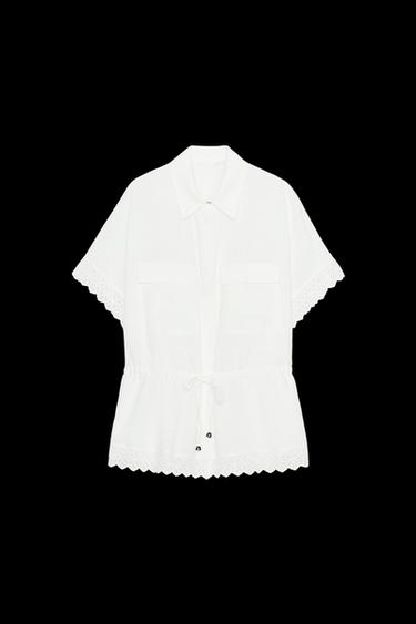 Zara RAMIE SHIRT WITH LACE TRIM - Oyster-white - Image 0