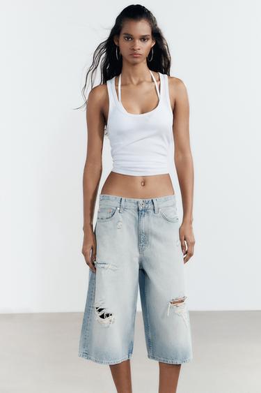 BERMUDA JORTS EN JEAN DÉCHIRÉ TAILLE NORMALE - Bleu clair de Zara