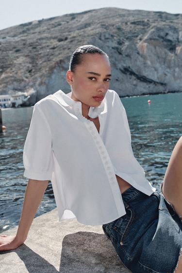 SHORT SLEEVE SHIRT WITH FAUX PEARLS - White by Zara