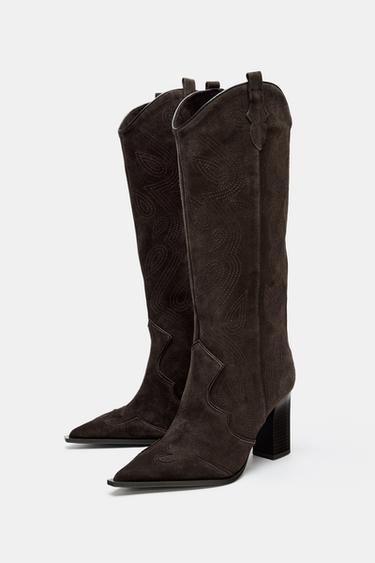 BOTTES À TALONS EN CROÛTE DE CUIR - Marron de Zara - Image 2