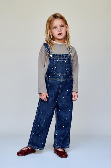 Zara EMBROIDERED HEART DENIM OVERALLS - Blue