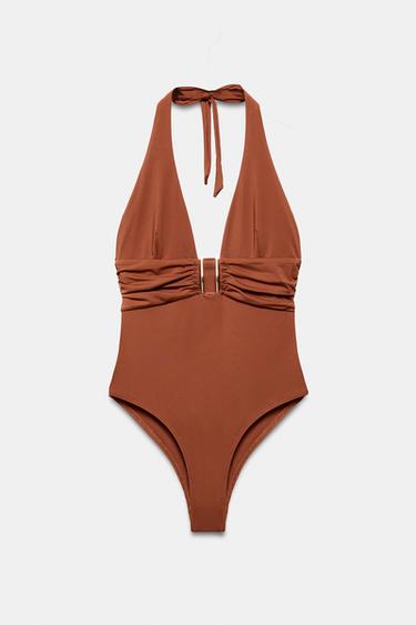 HALTER SWIMSUIT WITH METAL DETAIL - Caramel by Zara