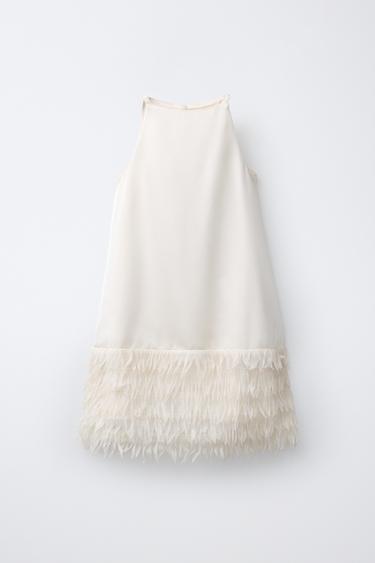SATIN DRESS WITH FEATHERS - Ecru by Zara - Image 0
