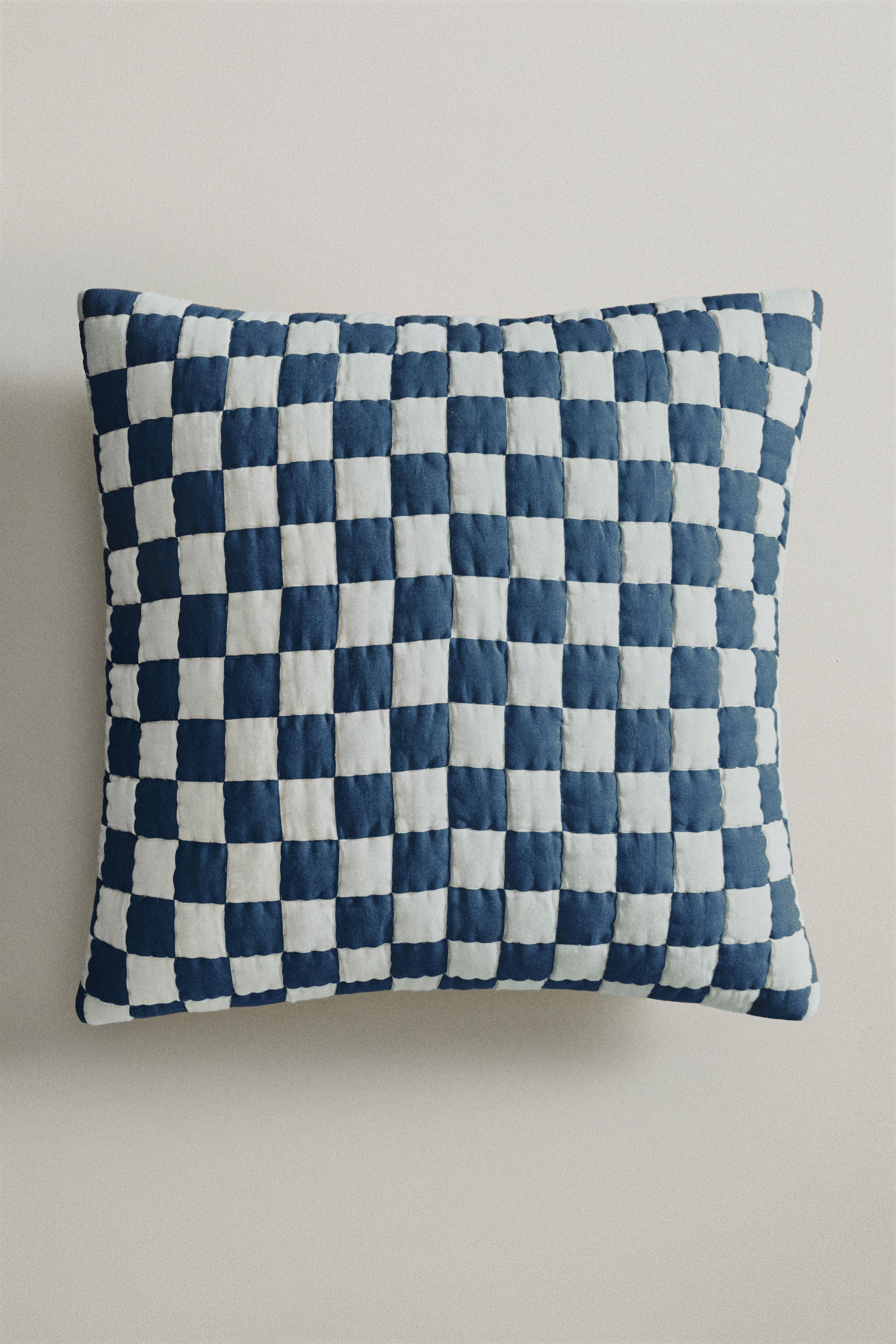 CHECK COTTON THROW PILLOW COVER — Blue