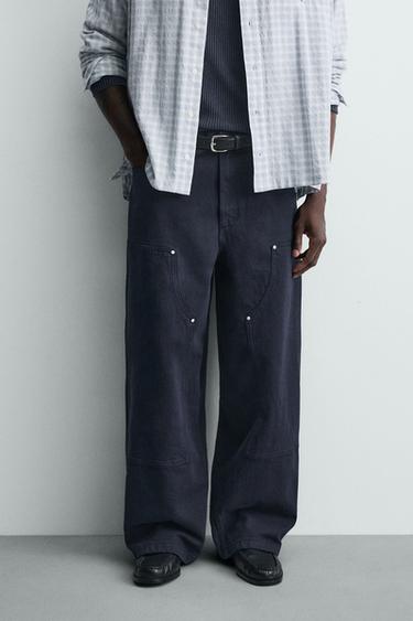 Zara 飾鉚釘工裝長褲 - 海藍色