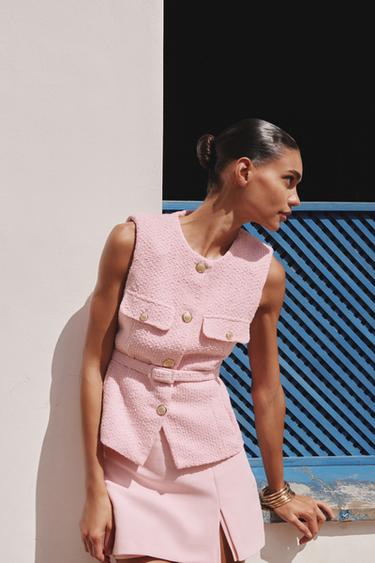 TEXTURED WAISTCOAT WITH BELT - Pink by Zara