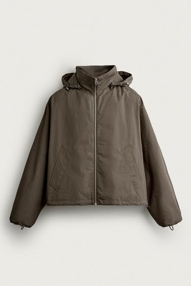 CROPPED FIT TECHNICAL HOODED JACKET - Brown by Zara