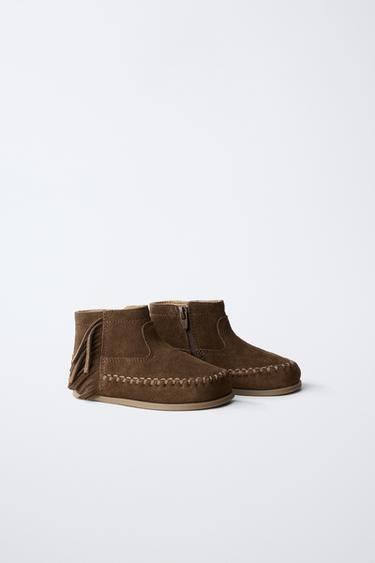 LEATHER FRINGED BOOTS - Brown by Zara - Image 1