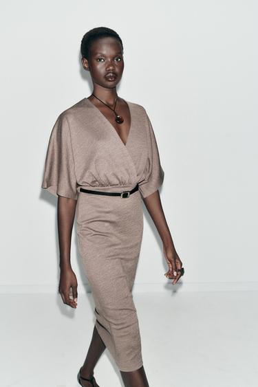 MIDI PIQUÉ DRESS WITH BELT - Light brown by Zara - Image 4