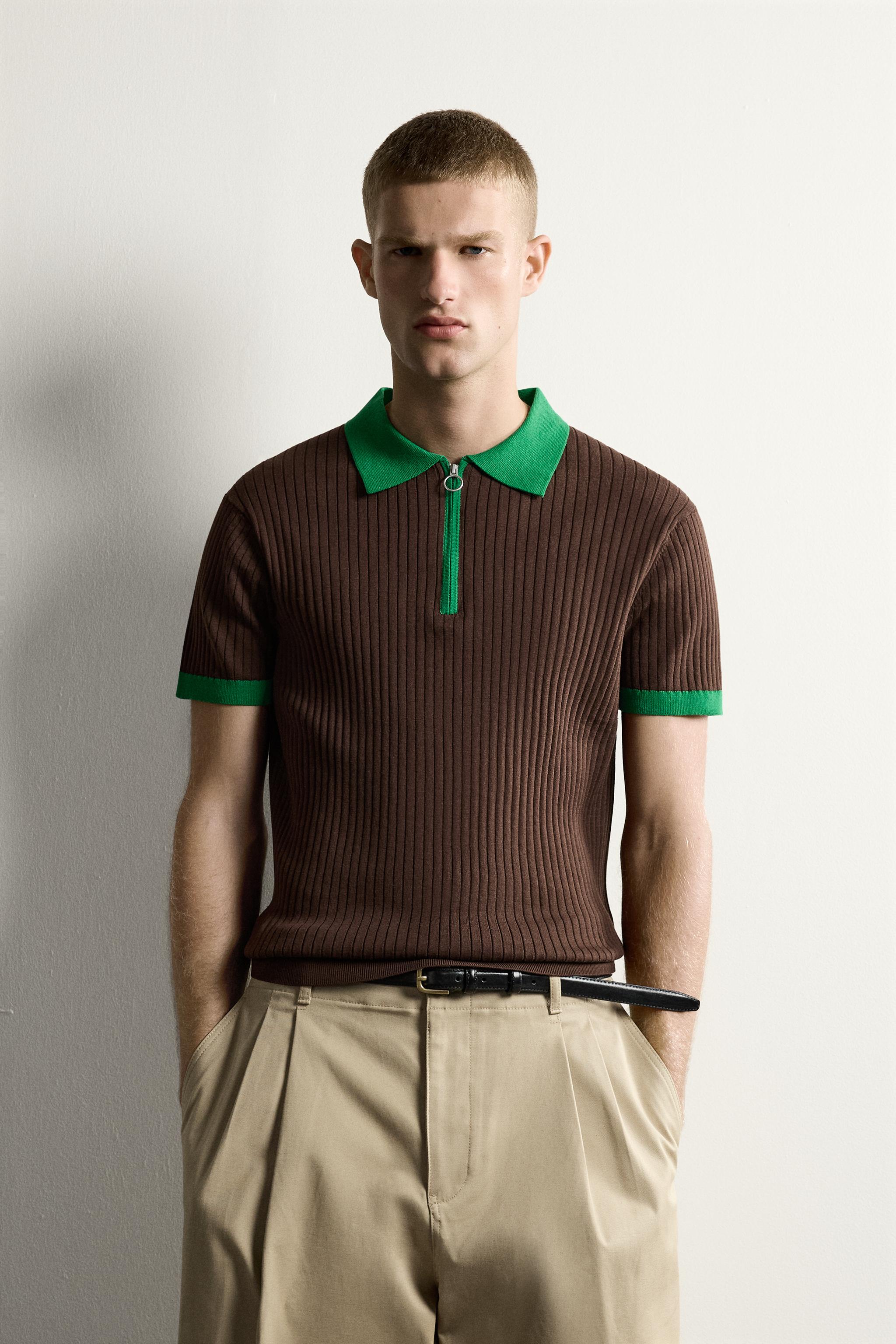 COLOR BLOCK ZIP KNIT POLO SHIRT — Brown