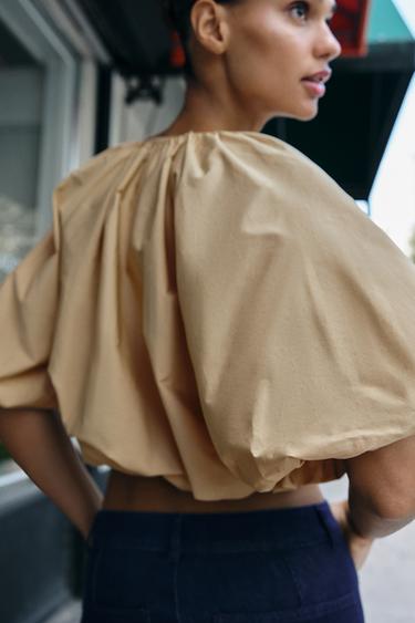 TOP BALLON EN POPELINE - Marron clair de Zara - Image 4