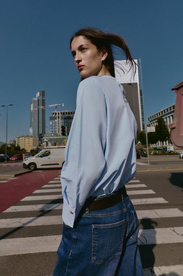 BLOUSE EN POPELINE À NŒUD - Bleu clair de Zara - Image 3