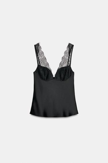 TOP SATINATO PIZZO - Nero di Zara