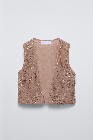CHALECO LENTEJUELAS Y ABALORIOS - Cobre de Zara