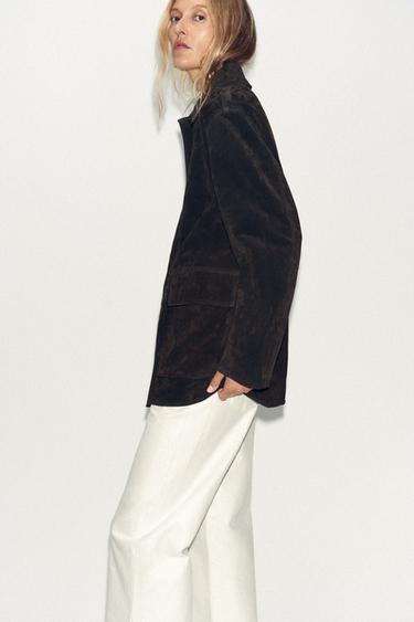 100% SUEDE LEATHER JACKET - Dark khaki by Zara - Image 3
