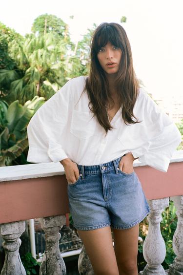 Zara Z1975 中腰 MOM FIT 短褲 - 藍色