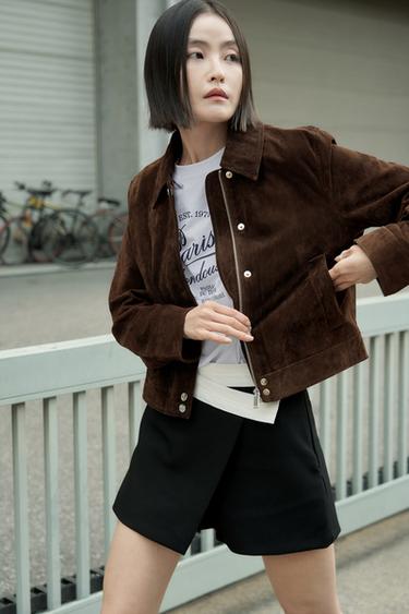 100% 가죽 쇼트 점퍼 - Zara 다크 브라운