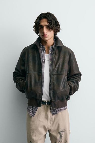 Zara EMBOSSED FAUX LEATHER BOMBER JACKET FORD © - Brown