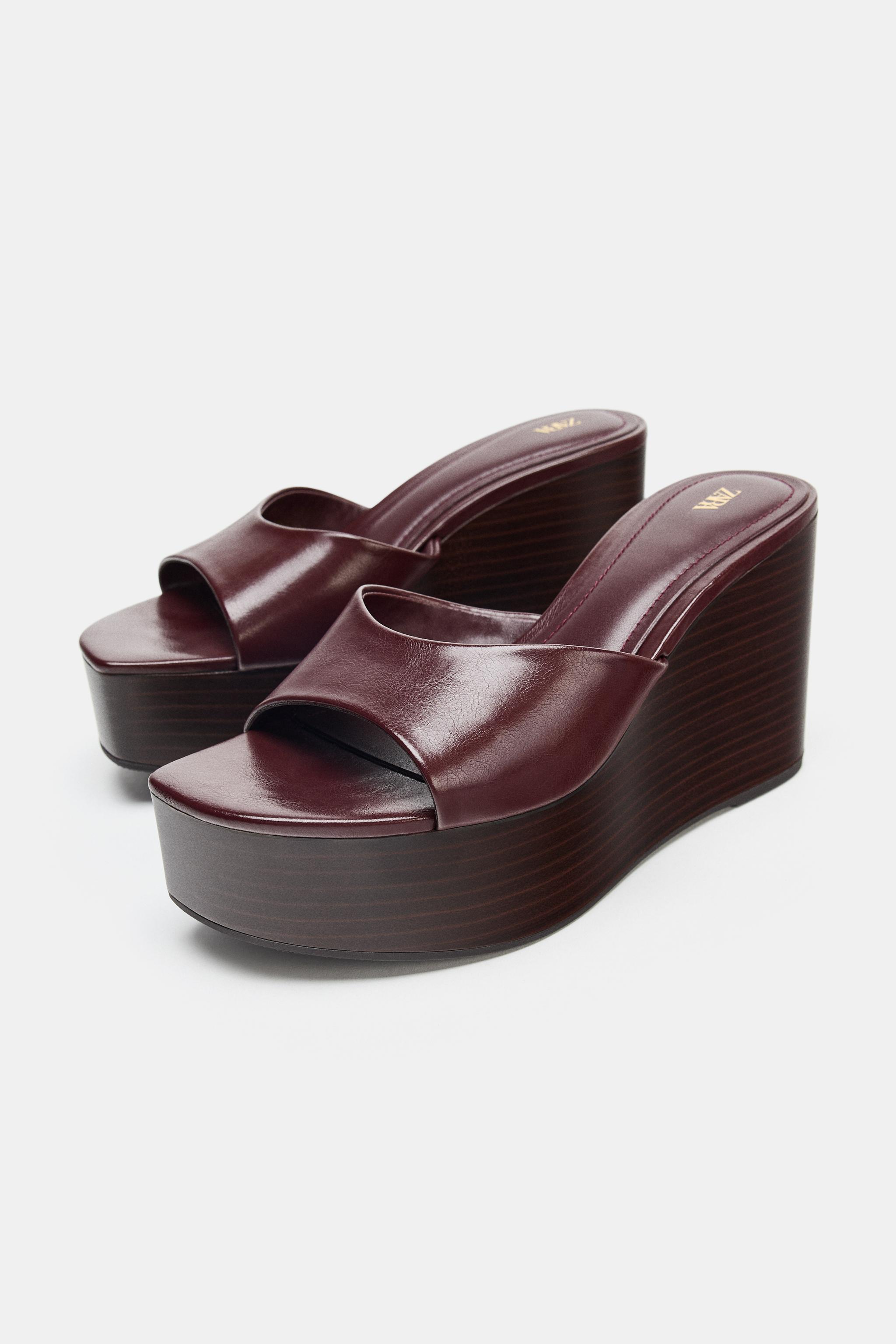 CRACKLED EFFECT WEDGE SANDALS - Burgundy Red | ZARA United States