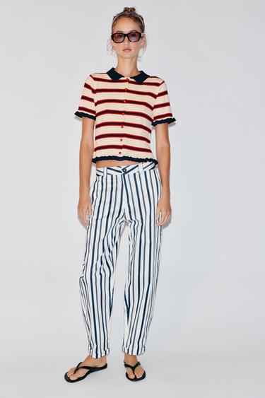 Zara STRIPED CHINO PANTS - Ecru / Navy