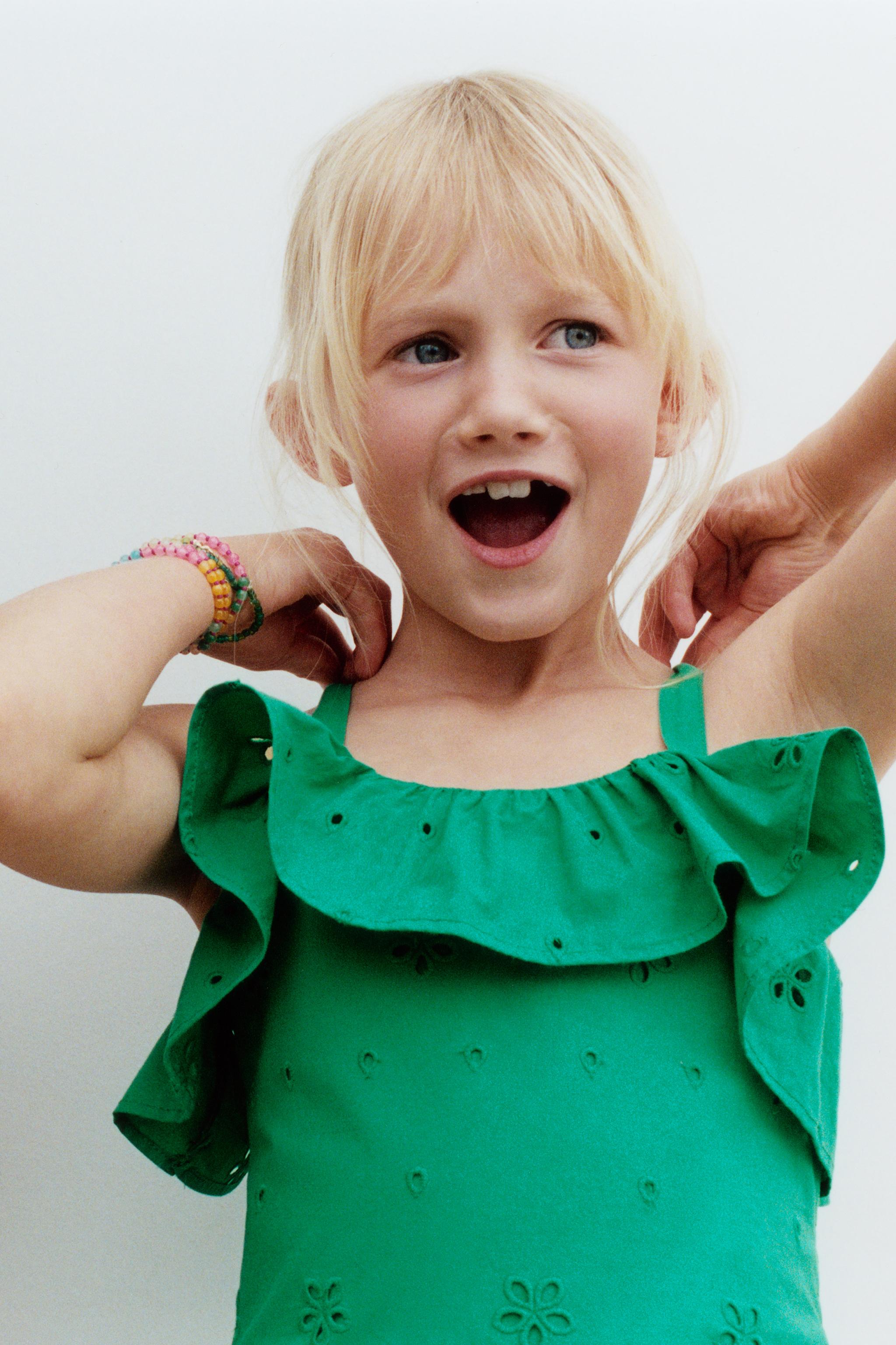 EMBROIDERED SCHIFFLI DRESS WITH RUFFLES — Green