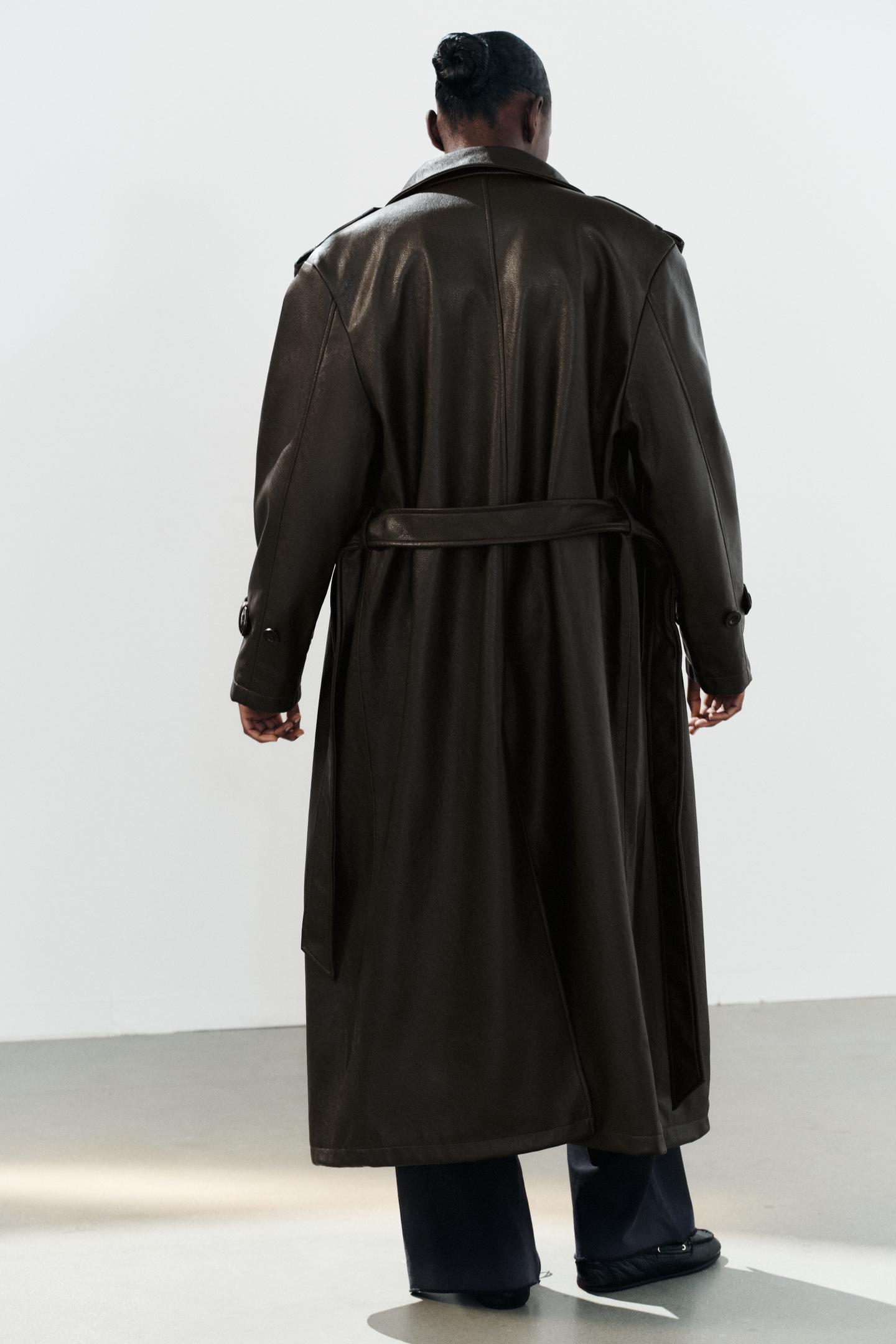 Женское пальто Zara Faux Leather Long Trench, цвет: Тёмный коричневый — фото 5
