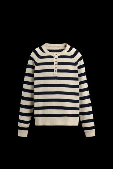 Zara STRIPED SWEATER WITH BUTTON NECK - Striped - Image 0