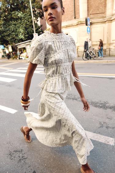 TOP À CARREAUX BRODÉS AVEC LACETS ENSEMBLE - Blanc / Noir de Zara