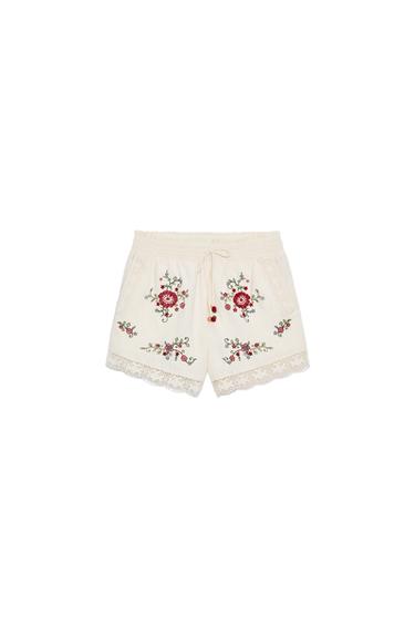 Zara EMBROIDERED FLORAL SHORTS - Ecru