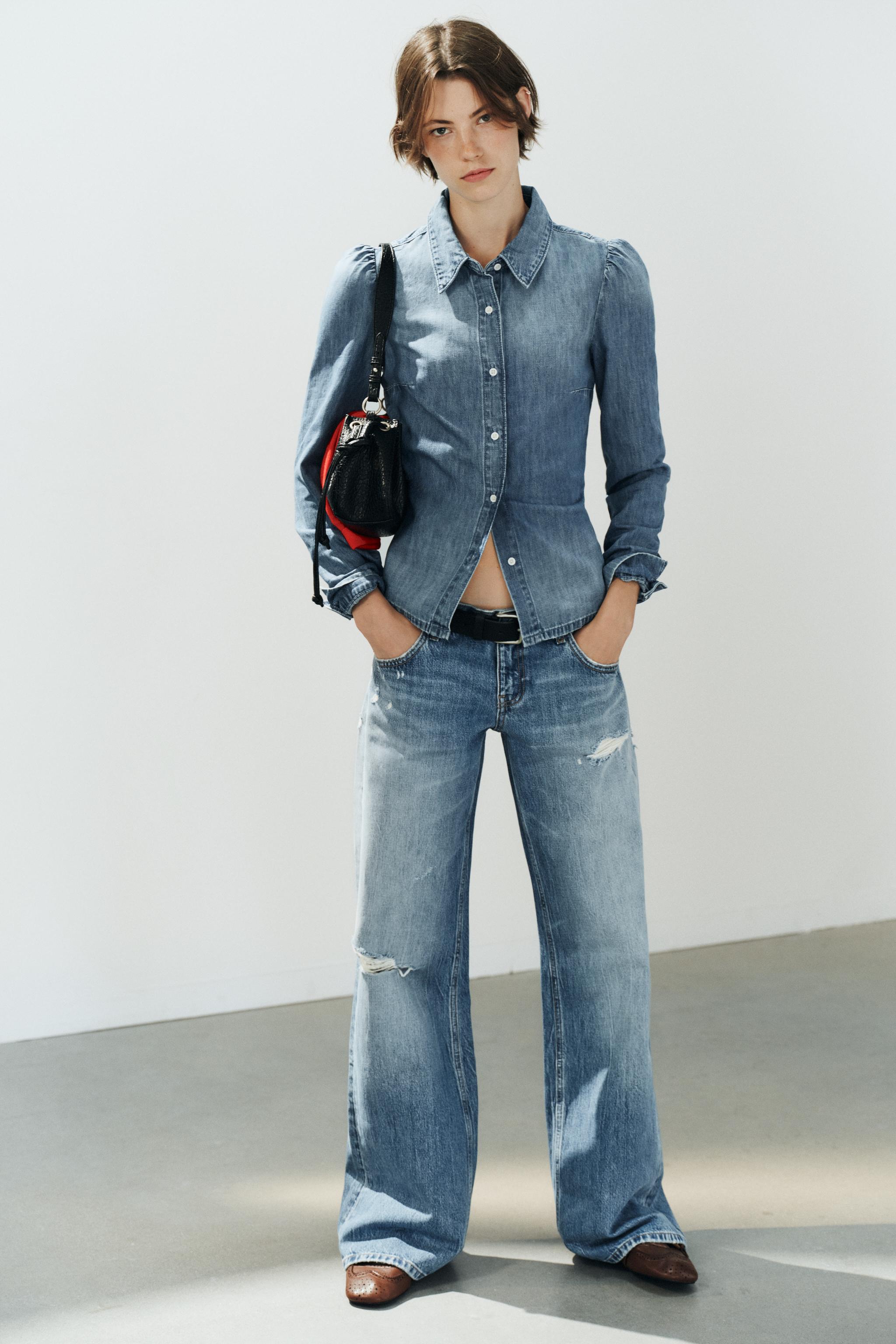 TRF GATHERED SHOULDER DENIM SHIRT — Blue