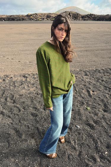OVERSIZE STRIBET T-SHIRT - Green stripe fra Zara