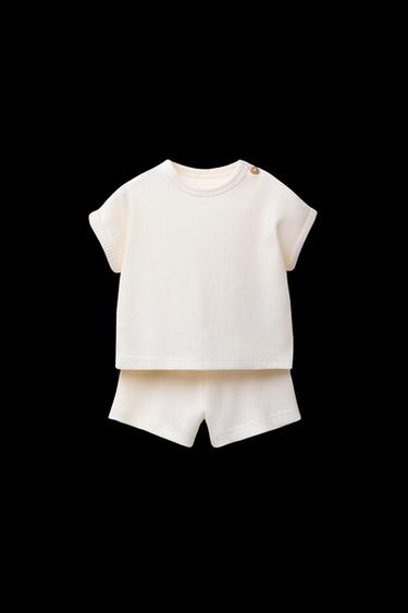 Zara PLAIN WAFFLE T-SHIRT AND BERMUDA SET - Ecru - Image 0