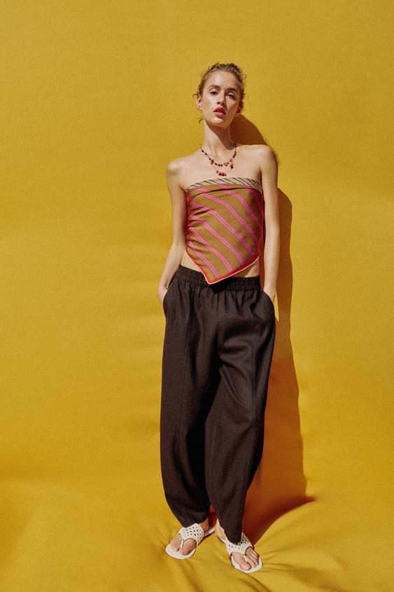 Zara LINEN BARREL PANTS - Brown - Image 0
