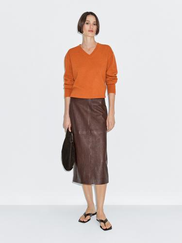 Zara Straight nappa leather midi skirt - Brown - Image 0